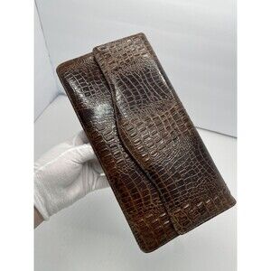 Vintage Clutch Handbag Envelope Style Snake Gator print brown Faux Leather Chain